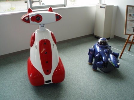 南戸教授が開発に携わったロボット、猫型（左）、番竜（右）