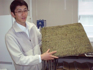コケを植えた実験体を示す円井先生